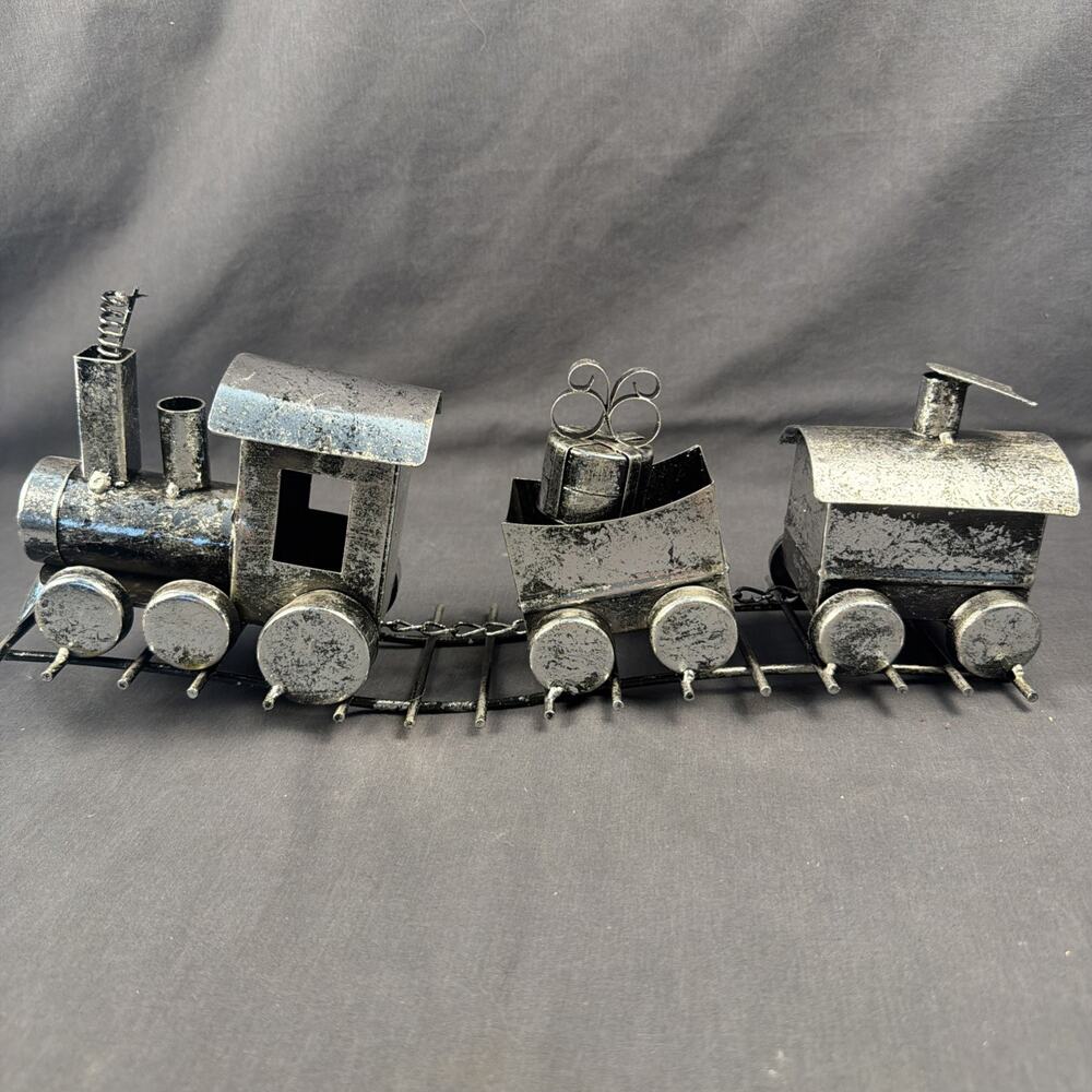 Vintage Silver Tone Metal Christmas Rolling Train w/Car & Caboose 15.5"x6"